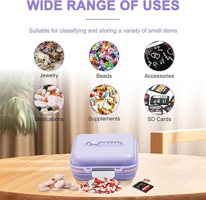 Travel Pill Organizer Box with Labels, 7 Compartments Portable Mini Pill Case, Daily Medication Organizer Storage Pill Container for Pocket Pharmacy(Purple, S)
