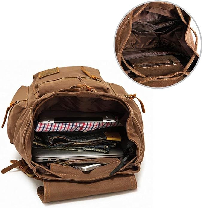 AUGUR High Capacity Canvas Vintage Backpack - for Hiking Travel 12-15.6" Laptop Backapcks for Men Casual Daypacks Rucksack(L-Khaki)