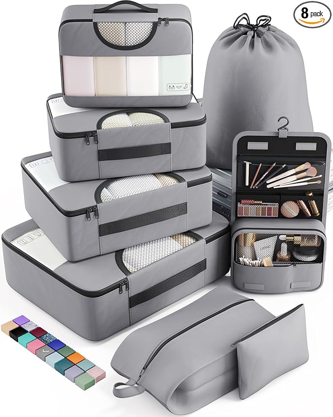 Veken 8 Set Packing Cubes for Travel Essentials, Suitcase Organizer Bags in 4 Sizes, Carry-On Luggage Accessories with Large Laundry & Hanging Toiletry Bag, Must-Have for Airplane, Road Trip & Camping
