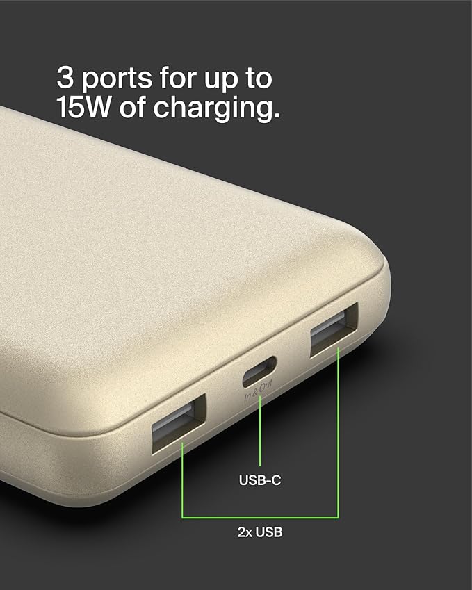 Belkin Portable Charger, USB-C Power Bank 20000 mAh w/ 2xUSB-A Ports, 15W w/Type-C to Type-A Cable for iPhone 16, 15, Samsung Galaxy S25, Pixel, iPad, Nintendo Switch 2, Google Pixel 10, etc. - Gold