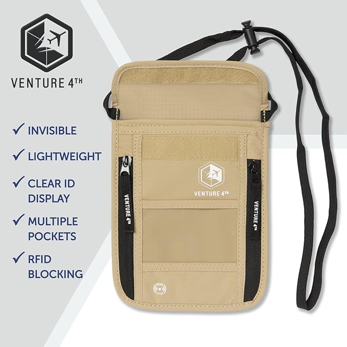 VENTURE 4TH Passport Holder Neck Wallet with RFID Blocking Nylon Lining - Hidden Neck Pouch for Travel (Beige)
