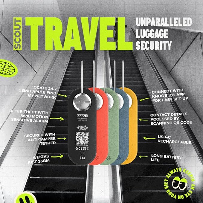 Knog Scout iOS Smart Tag, Tracker & 85d Alarm – Rechargeable Luggage Tag Compatible with iOS App & Apple Find My, Digital Contact Info, Remote Chime, Low Battery Alerts, Water-Resistant, Blue