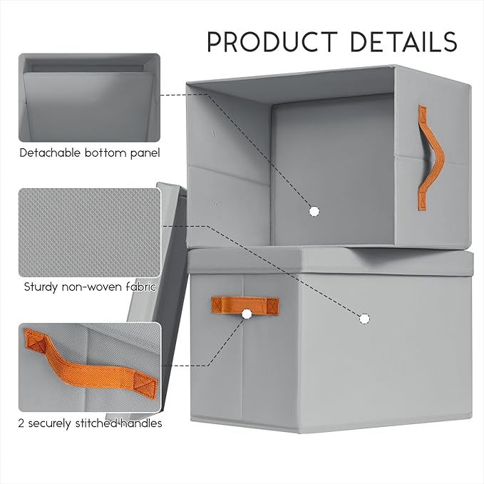 Storage Bins with Lids - Large Fabric Closet Bins with Lid, 5 Pack Clothes Organizers and Storage, Collapsible Stackable Cube Basket for Home, Office, Dorm, Grey