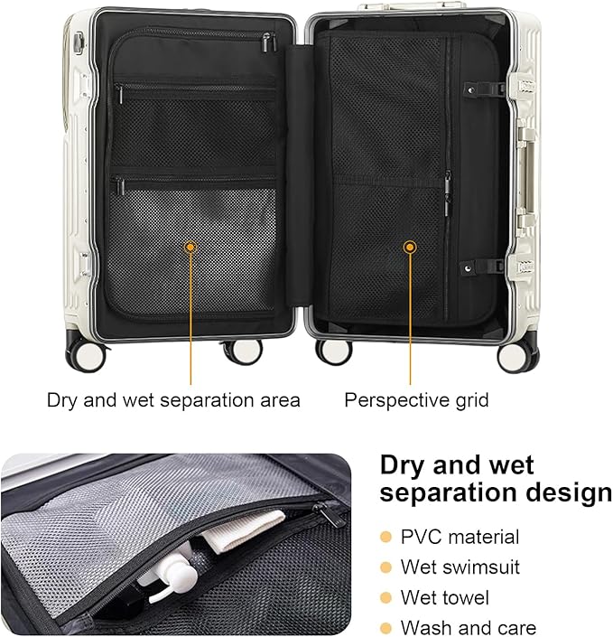 Zipperless Luggage, 22x14x9 Aviation Certified, Polycarbonate Aluminum Hardshell, Expandable Carry-On Luggage with Spinner Wheels, Hardshell Luggage, 20 Inch Cabin
