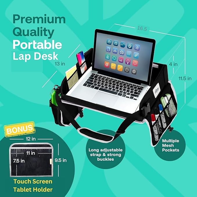 Travel Lap Desk, Travel Tray, Portable Lapdesk for Car, Remote Work, Road Trips, School, Laptop Pad with Storage Pocket, Tablet Holder, Shoulder Strap, Fits up to 15.6-Inch Laptop (Black)