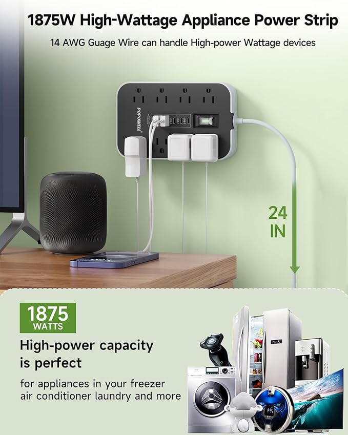 Appliance Power Strip- 14 Guage Heavy Duty Extension Cord, 24in, 8 AC Outlet& 6 USB Ports 4.8A USB Charging Station, 1080J, High Wattage for Microwave, Conditioner, Kitchen, Garage Essentials.