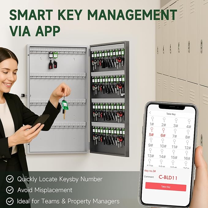 96 Key Lock Box Wall Mount, Smart Key Cabinet One Time Password/APP Bluetooth/Fixed Code/Wi-Fi Remote/Key Unlock, Security Storage Key Holder Box, Key Management for Valets, Realtors, Office, Hotel