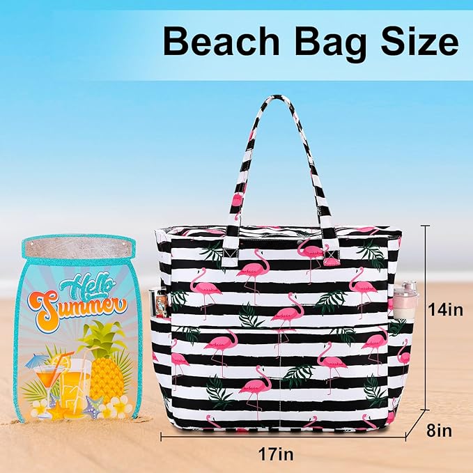 LEDAOU Large Beach Tote Bag Women Waterproof Sandproof Zipper Beach Tote Bag for Pool Gym Grocery Travel with Wet Pocket