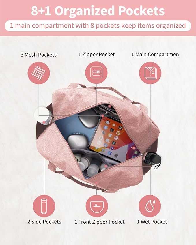 Narwey Carry on Bag 22x14x9 Airlines Approved, Carry on Duffle Bag for Airplane with Wet Pocket, Travel Duffel Bag Luggage Bag Weekender Overnight for Women Men (Pink)