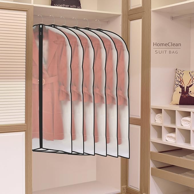 Garment Bags for Hanging Clothes (Set of 6) Black Side Breathable Garment Bag Clothes Cover Clear Full Zipper Bags for Suit Clothes Storage (24'' x 48'', Black)