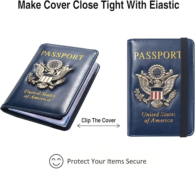 Passport Holder for Travel Passport Cover for Men Passport Wallet Case With 3D Metal Badge Protector Leather Card Case RFID Blocking Women Travel Accessories Document Organizer (Navy Blue)