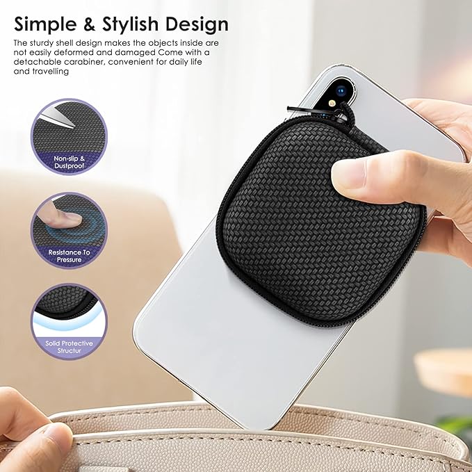Earbud Case Hard EVA Earphone Carrying Case Cell Phone Accessories Storage Bag with Carabiner for Airpods Headset Earphone Flash Drive Charging Cable Key Wall Charger USB Adapter Cable (Black 1Pack)
