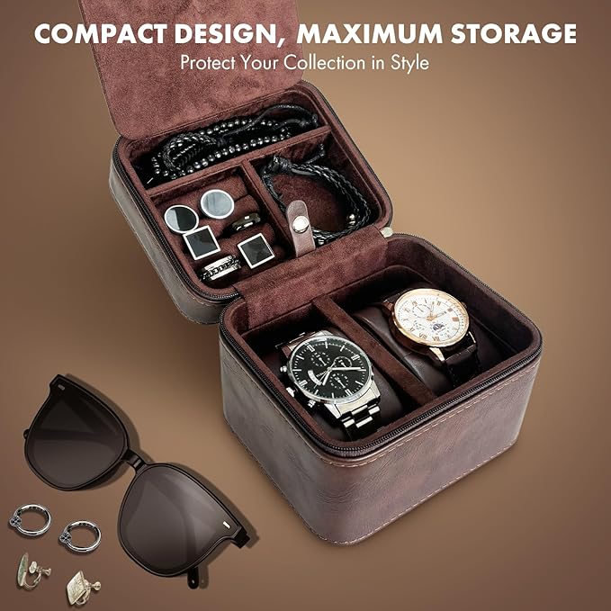 TSA-Friendly 2 Slot Watch Travel Case for Men, (Fits 7-8" Wrists) Carry-On Ready with Removable Pillows & Airplane Protection, Leather Jewelry Organizer for Wristwatches, Rings, Cufflinks (Brown)