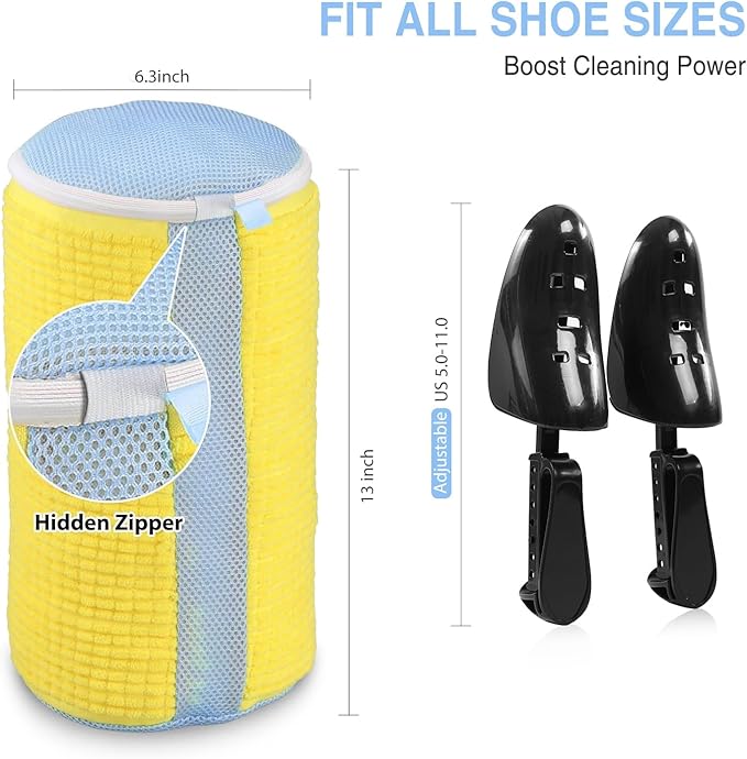Shoes Laundry Bag Keep Shoes Clean, Shoe Wash Bag for Washing Machine, Reusable and Durable Zipper Shoe Washing Bag, Sneaker Tennis Shoe Cleaner Kit Include Pair of Adjustable Shoe Trees