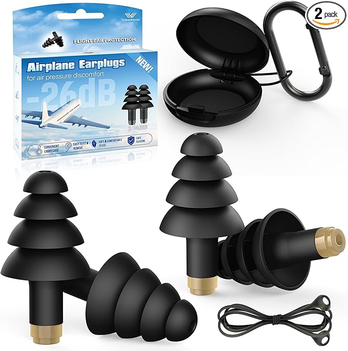 Ear Plugs for Airplane Pressure Relief, 2 Pairs Adults Soft Silicone Reusable Airplane Earplugs 26dB, with Silicone Connector Cord, Travel Essentials for Flying, Ear Protection Earplugs for Plane