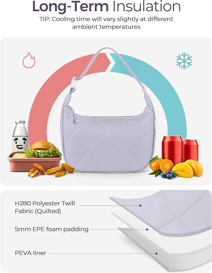 Insulated Lunch Bag for Women, Quilted Reusable Lunch Box with Adjustable Strap, Waterproof Cute Puffy Bento Tote, Stylish Cooler Bag for Work, Picnic or Travel, Light Purple