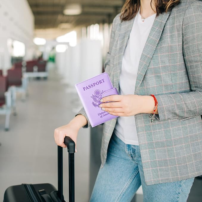 TIGARI Passport Holder for Travel Women Men, PU Leather Waterproof RFID Passport Holder Wallet Cover Case Sleeve, Family Vacation Plane Cruise Travel Document Organizer Essentials-Purple