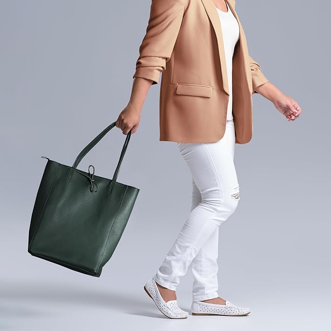 Italian Calf Leather Tote for Women with Zipper, Inner Pocket & Flat Base | Soft Unlined Shopper for Work & Travel