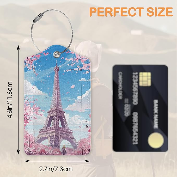 Eiffel Tower Sakura 3 Pack Luggage Tags for Suitcases, Take Me to Paris PU Leather Luggage Tag for Travel, Bag Tags with Privacy Name ID Card and Steel Loop for Women Men