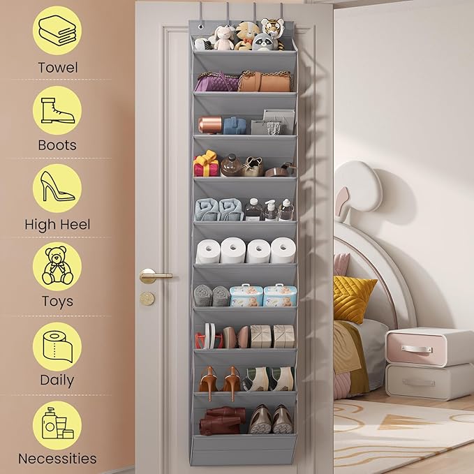 Over the Door Shoe Organizer for Closet, Shoes Rack with 10 Tier PVC Window Deep Pockets, Hanging Shoe Organizers for Boot Storage, Behind the Door Narrow Shoe Holder for Small Shoes, Grey