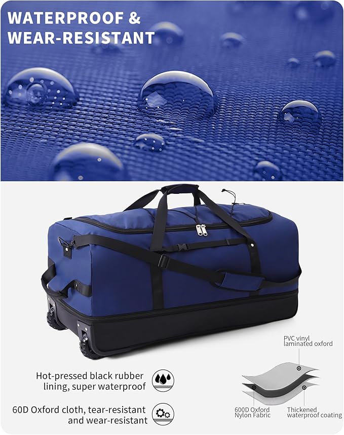 CONTAIL 32”110L Expandable 140L Rolling Duffle Bag with 2 Inline Wheels,Convertible Weekend Travel Bag with Bungee-Cord System,Navy