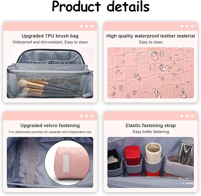 Travel Makeup Bag Organizer Cosmetic Bag: 3 Pcs Set Make up Bags for Women with Handle - Waterproof Vegan Leather Toiletry Bags with Comparments (C-05-Pink)