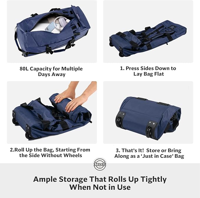 STOVER 80L Rolling Duffel Bag with Wheels, Large 31 Inch Durable Travel Duffle + Toiletry Bag, Heavy Duty, Packable, Foldable w/Shoulder Straps- Use as Luggage or Backpack, Men/Women (Blue)