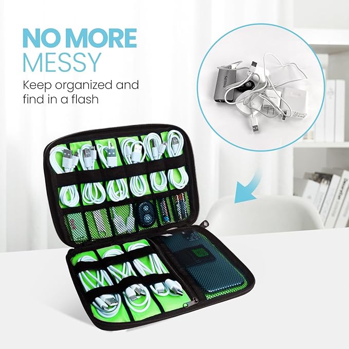 Electronics Travel Organizer,Portable Waterproof Electronic Travel Storage Bag for Small Charging Cord Storage,Charger,SD Card etc,for Travel,Business -Black Green