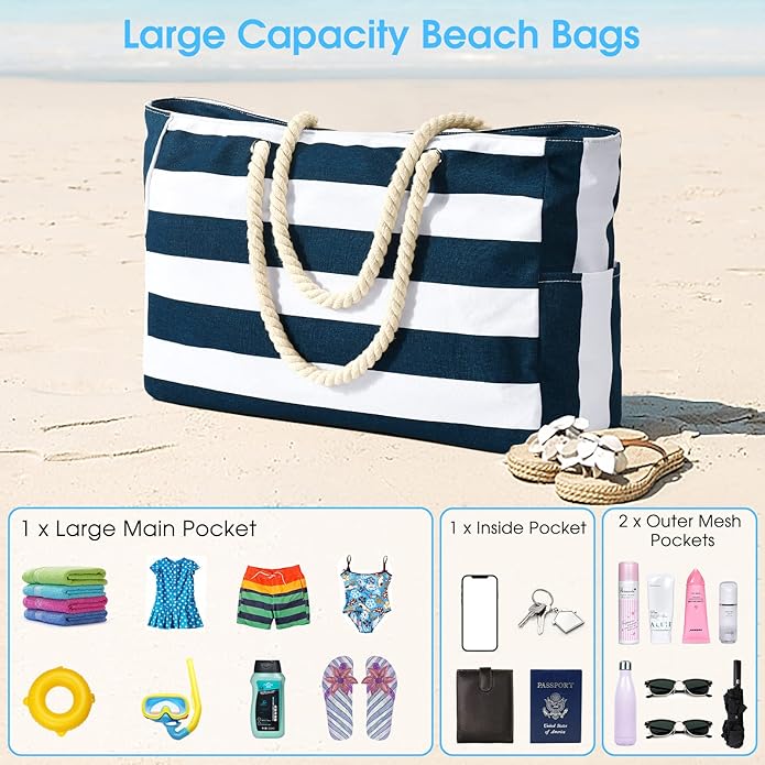 Becokan Beach Bags for Women Large Waterproof Beach Tote Bag Zipper Beach Bags Waterproof Sandproof Swim Pool Bag Large Tote