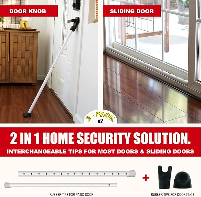 SECURITYMAN 2-in-1 Door Security Bar & Sliding Patio Door Security Bar (2 Pack) via Interchangeable Caps - Heavy Duty Iron Construction Door Stoppers for Home, Apartment, Travel Hotel - White