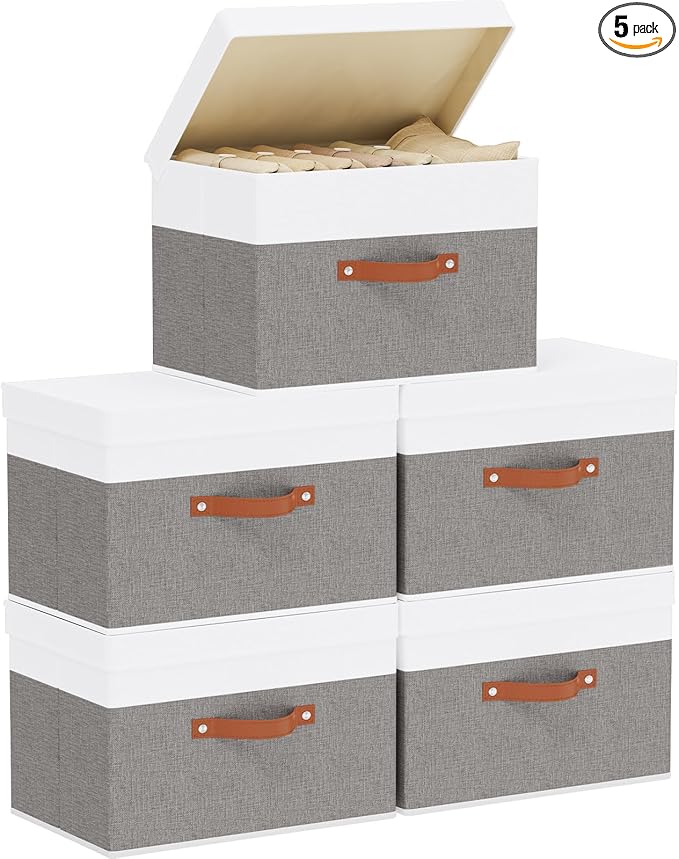 Fabric Storage Boxes with Lids, Linen Foldable Cloth Baskets, 17.7 x 11.8 x 11.8 Inch Closet Organizer Containers with Double Handles, Sweater Bins for Bedroom, White and Grey, 5 Pack