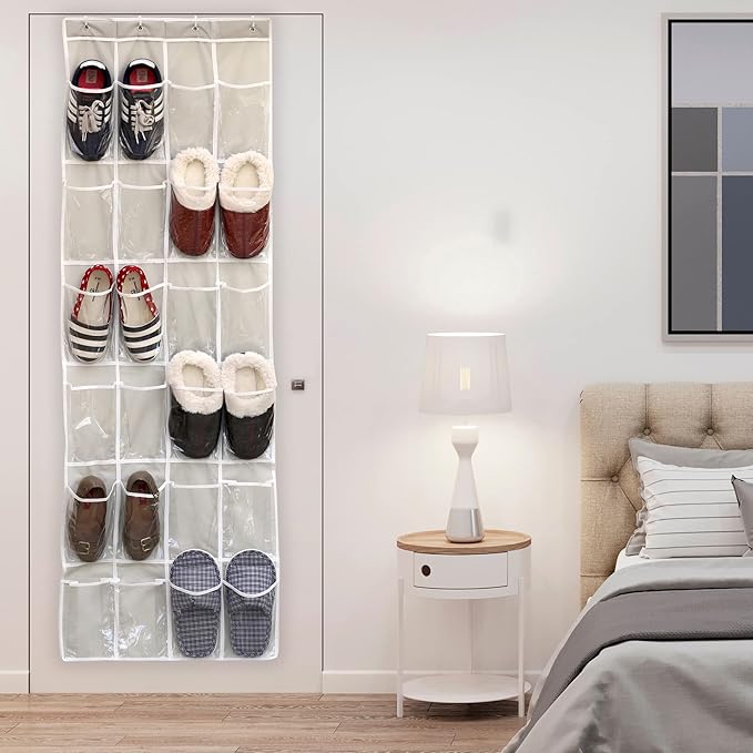 Simple Houseware 24 Pockets - Crystal Clear Over The Door Hanging Shoe Organizer, Gray (64'' x 19'')