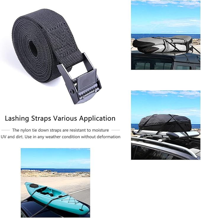 Premium Lashing Nylon Strap - Cam Buckle Tie Down Straps Heavy Duty Secure Straps up to 500 lbs Capacity for Motorcycle,SUP, Kayak, Canoe, Surfboard, Cargo, Boat,Trailer, Moving(1'' x 6.5Ft Black)