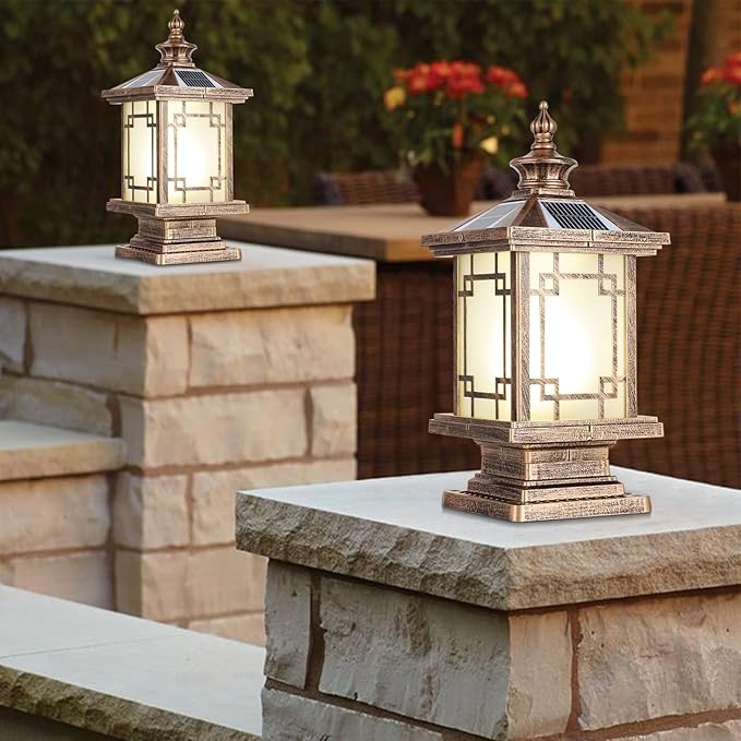 LED Solar Post Light Outdoor, Aluminum Fence Post Cap Lamp Remote Control Dimmable Pillar Lights Solar IP65 Waterproof Column Light, 15.7" X 7.3" Pillar Pedestal Lantern for Garden Yard