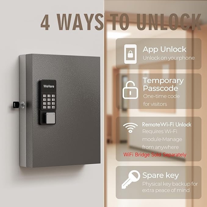 WeHere 32 Key Lock Box Wall Mount, Smart Key Cabinet with APP Bluetooth/Fixed/Dynamic Password/OTP Share Unlock, Security Lockbox ERP for Valets/Realtors/Office/Hotel Key Management
