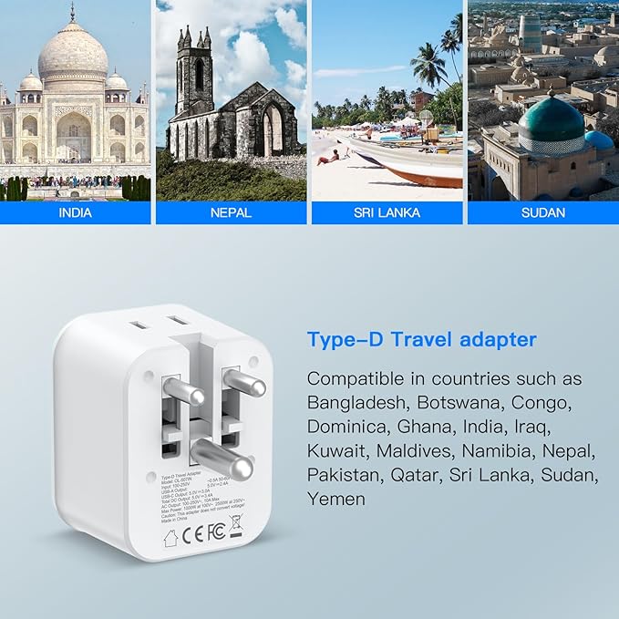 US to India Travel Plug Adapter, Foldable India Power Adapter with 4 USB(2 USB C Port) and 2 AC Outlets Charger, Type D Adaptor for US to India Bangladesh Maldives Pakistan Sri Lanka(1 Pack)