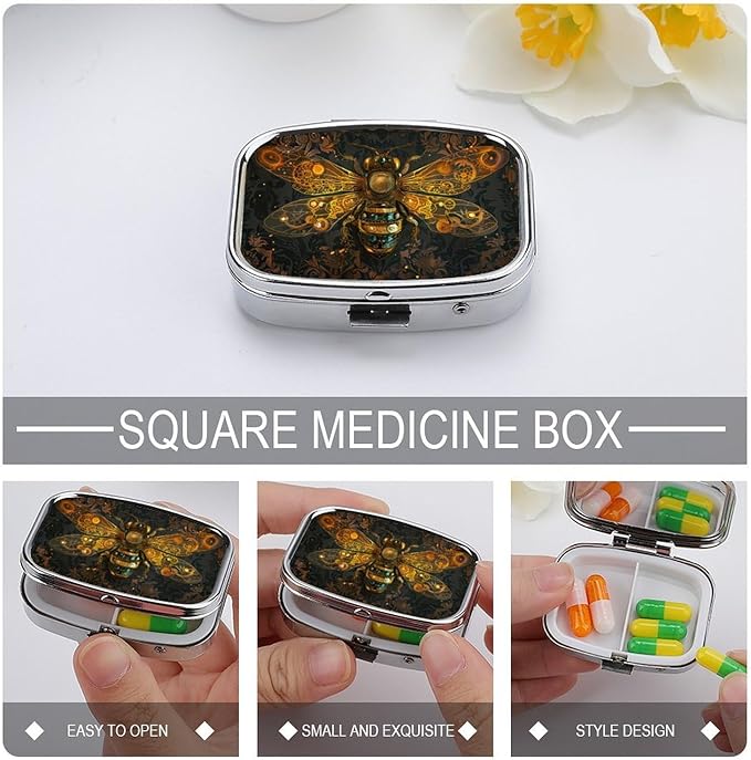 Metal 2 Compartment Pill Organizer Travel Friendly Portable Compact Pill Box Cute Pill Case to Hold Vitamins,Fish Oil,Supplements,Meds,Tablet for Purse,Pocket. (Bee)