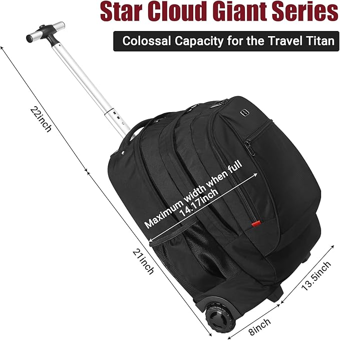 star cloud 21x14 x8 Rolling Backpack For Adults With wheel, Durable Wheeled Backpack With 17" Laptop Sleeve,Travel Carry on Backpack with Wheel for Convenience