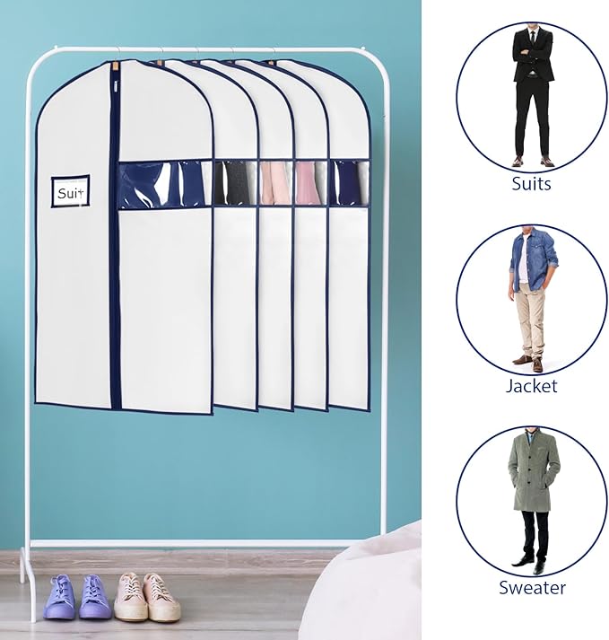 Syeeiex 40" Suit Bag(Set of 8), Garment Bags for Hanging Clothes, Suit Bags for Closet Storage, Garment Bags for Suits, T-shirts, Jackets, Coats, Business Wear(White & Dark Blue)
