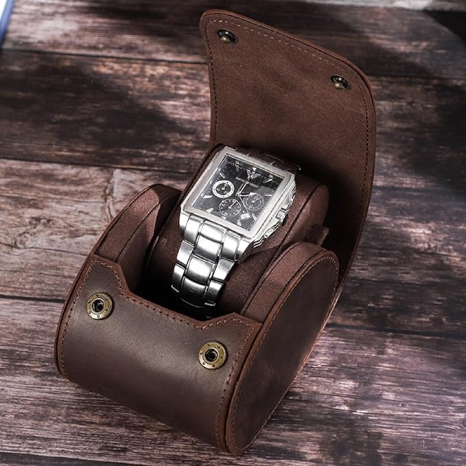 Leather Single Watch Case,Genuine Leather Vintage Watch Roll Travel Case for Storage Organizer Display (1 Slot)