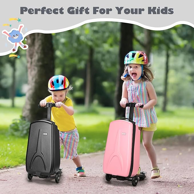 iubest Scooter Luggage Carry On Scooter Suitcase for Kids Age 4-15, Detachable & Foldable 4 in 1 Kids Suitcase, Multifunctional Ride On Travel Trolley Scooter Combo-Black