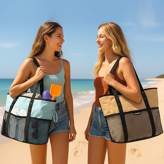 Beach Bag with Zipper - 8 Pockets Sandproof Beach Tote Bag for Women,Foldable Lightweight Family Swim Bag Vacation