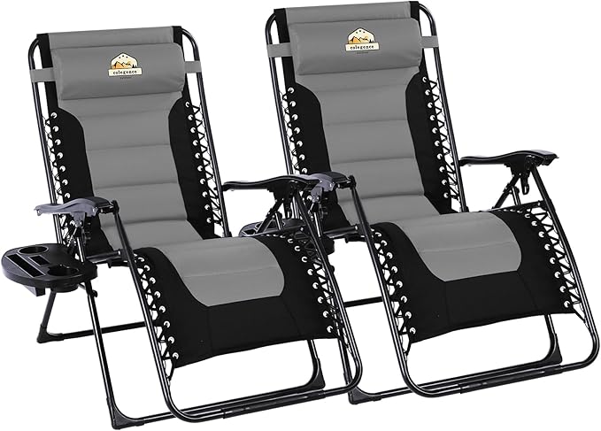 Oversized Padded Zero Gravity Lounge Chair Set of 2, Foldable Patio Anti Gravity Reclining Chairs Folding Lawn Recliner with Cup Holder for Yard, Camping, Outdoor, Support 350 LBS, Black
