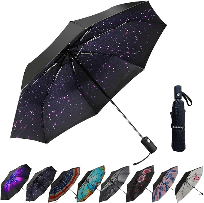 LLanxiry Compact Travel Umbrella, Mini Windproof Umbrellas for Rain & Sun, Small Lightweight Outdoor UV Umbrella, Portable Folding Umbrellas for Travel