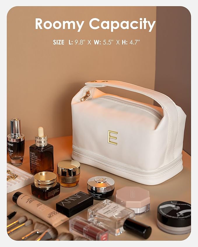 Letter Makeup Bags, Personalized Bags with Handle, Waterproof Double Layer Cosmetic Bag, Large Capacity PU Leather Makeup Bags Letter Travel Toiletry Bag with Makeup Brush Organizer