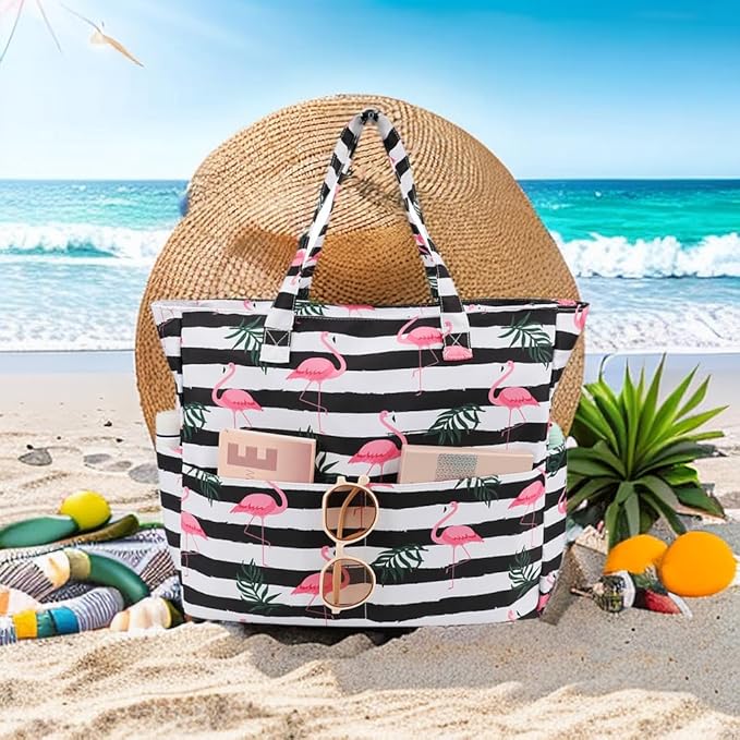 LEDAOU Large Beach Tote Bag Women Waterproof Sandproof Zipper Beach Tote Bag for Pool Gym Grocery Travel with Wet Pocket