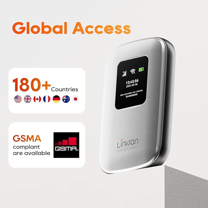Portable Mobile Hotspot–eSIM Global WiFi Hotspot,No SIM Card/Contract Needed, 16Devices,180+ Countries, Compact Wireless Router for International Trips & Business【Free 5GB US Data for 15 Days】