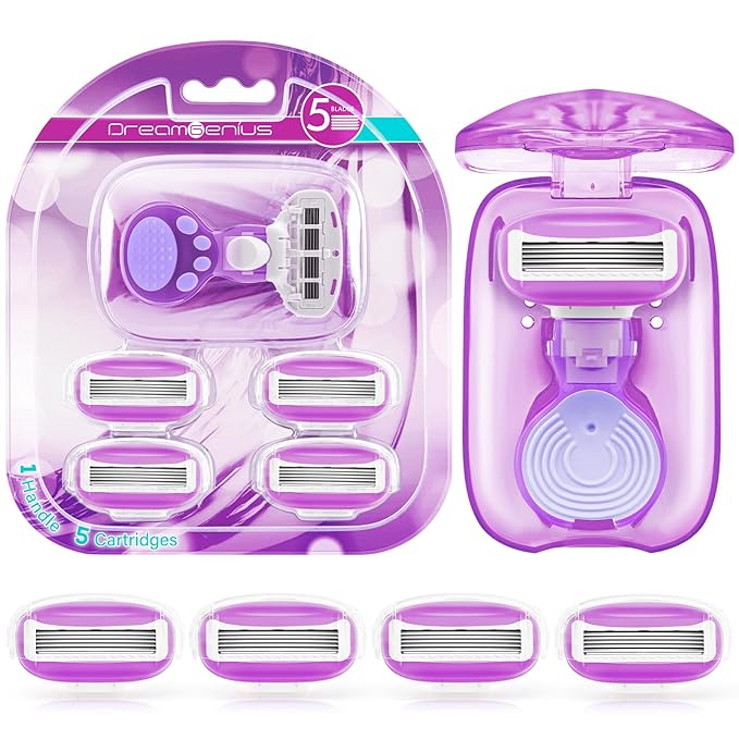 DreamGenius Travel Razors for Women Include 1 Handle and 5 Cartridges, Extra Smooth 5-Blade Travel Essentials Razor with Case for Shaving, Purple