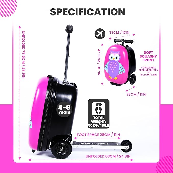 Owl Kids Scooter Suitcase - Folding Kids Luggage with Wheels - Multifunctional Ride on Luggage Travel suitcase with Strong Grip, Easy Locks and Zippers – Capacity to Hold 110LB