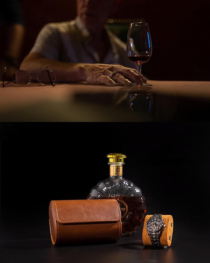 MR.OKAY 2 Watch Travel Case-Classic Leather Watch Case With Superb Texture.Portable Watch Roll Or Organizer For Storage And Display. Travel Gift for Men, All Handmade By Leather Craftsmen.